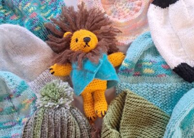 Knitters_Team Hope hats, scarves and lion